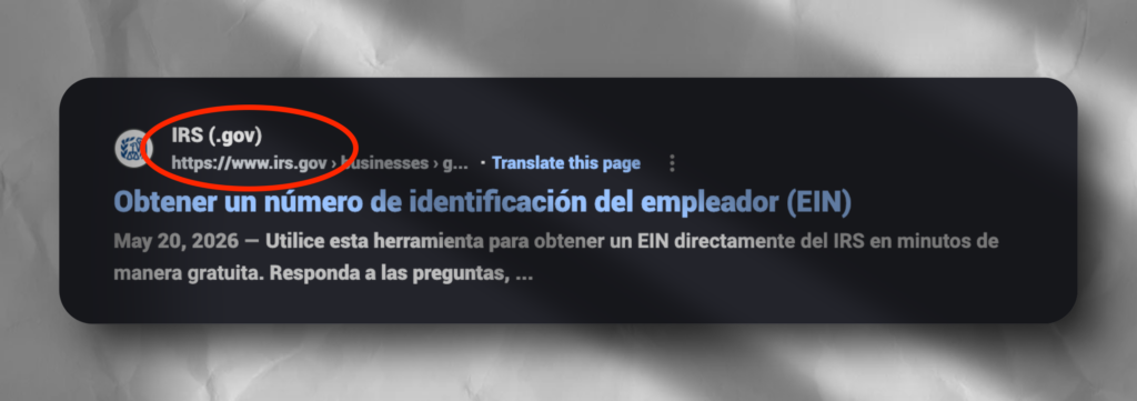 Screenshot showing the official IRS website URL. Captura de pantalla mostrando el URL de la página oficial del IRS.