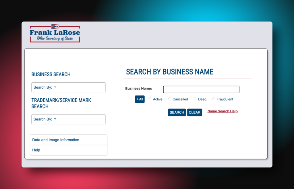 Screenshot showing the Ohio Secretary of State's business entity search.

Captura de pantalla mostrando la página de busqueda de negocios en el sitio web del Secretario de Estado de Ohio.